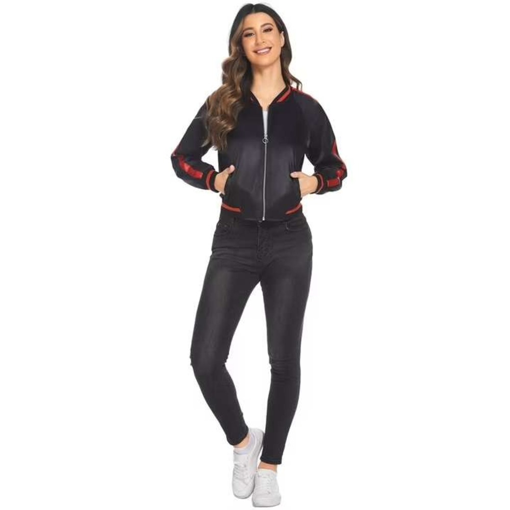 XS Womens Black Satin Bomber Jacket Red Side Stripe Zip Baseball Streetwear Coat